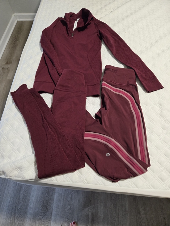 lululemon athletica Pants - lululemon athletica Burgundy Zip Pullover & Striped Leggings Set